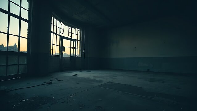 oligarchy. Urban ruin at dusk with soft light through a broken window onto a dusty floor. real-estate listings.