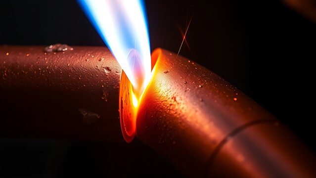 accuser. Extreme close-up of copper pipe joint with molten silver brazing. safety posters, maintenance manuals, designed for precision metalworking and fabrication facilities.