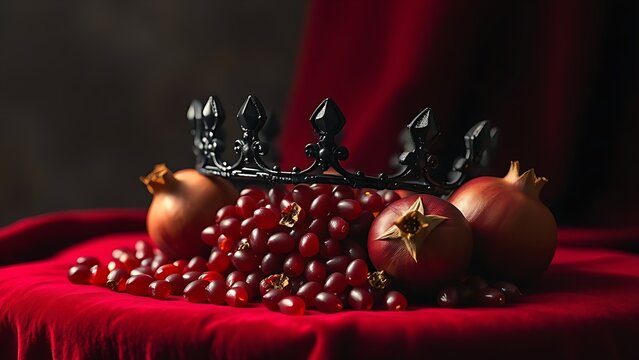epilogue. Obsidian crown and pomegranate seeds on crimson velvet in dramatic lighting. event programs, museum guides, designed for cultural heritage projects and event programs.