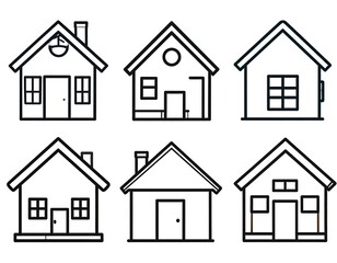 Set of six minimalist line art house illustrations with varied rooflines, windows, doors, and chimneys