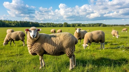 Fototapeta premium A photo of a green pasture with grazing sheep.