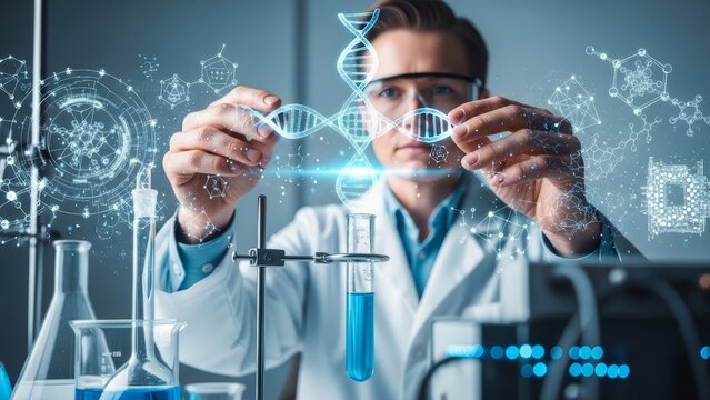 Scientist in lab coat interacting with glowing holographic double helix dna structure for genetic research