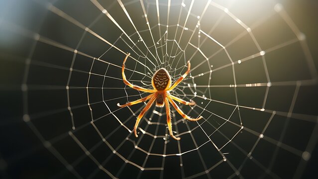 lemuria. A spider mending its intricate web with glistening threads in morning light. wildlife magazines, conservation campaigns, designed for eco-tourism storytelling, used by motion designers.