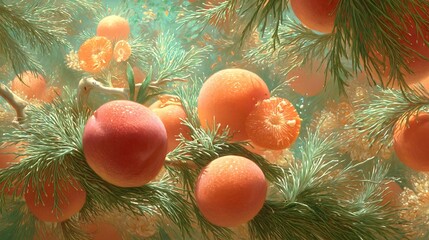 A vibrant, detailed illustration of a Christmas scene featuring an array of oranges and pine branches, set against a misty, ethereal background.