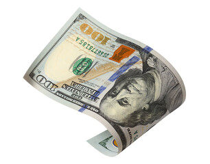 Curved hundred dollar banknote, isolated on transparent cutout background