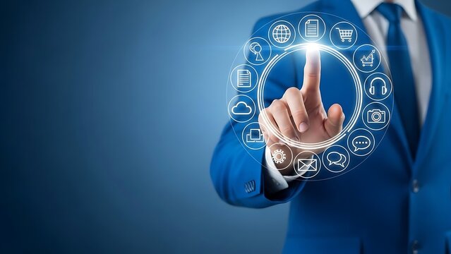 Confident executive interacts with futuristic digital interface selecting vital business application icons in professional setting