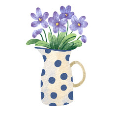 Violets in Polka Dot Pitcher Illustration⁠

