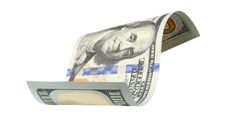 Curved hundred dollar banknote, isolated on transparent cutout background