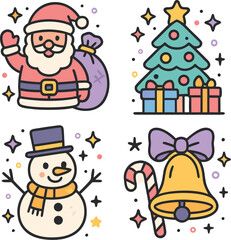Christmas vector with cute Santa Claus and festive holiday icons