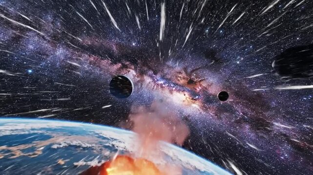 Cosmic explosion in a galaxy, featuring a fiery planet, and star trails, creating a sense of awe and wonder