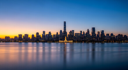Fototapeta premium A majestic cityscape featuring a dramatic skyline with towering skyscrapers and modern architecture is beautifully silhouetted against a vibrant twilight sky, reflecting its urban glow upon the tranqu
