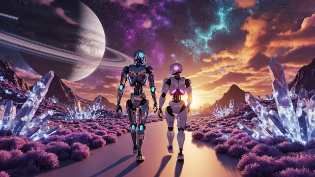 Robotic companions exploring a vibrant, alien landscape with a ringed planet overhead
