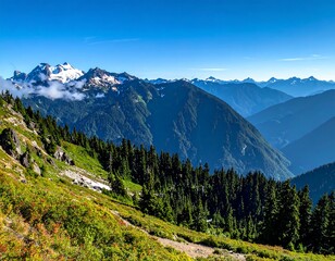 Serene mountain landscape with lush green forests, snow-capped peaks, and a clear blue sky