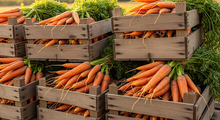 Numerous rustic wooden crates are overflowing with freshly harvested, vibrant orange carrots, complete with their green leafy tops, stacked and ready for market or storage, basking in natural outdoor 