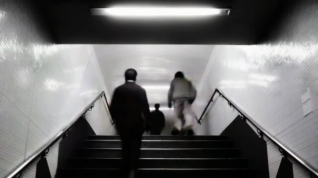A solitary figure stands at the bottom of a staircase in a blurry, bustling subway environment, emphasizing the contrast between stillness and movement in an urban setting.