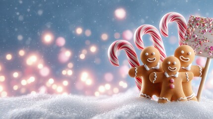 Gingerbread family standing on snow with candy canes and holiday bokeh lights