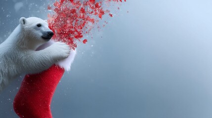 Cute polar bear cub hugging giant red Christmas stocking in snowy field