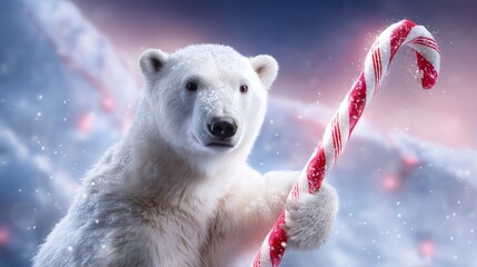 Close-up polar bear holding a giant red striped candy cane in snowy field