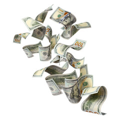 Flying hundred dollar bills, isolated on transparent cutout background