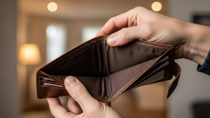 Close-up of person holding open empty brown leather wallet in well-lit room