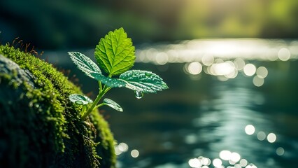 Serene Streamside Sprout: escena natural tranquila, simboliza crecimiento, paz, pureza, renovaci&oacute;n y equilibrio.