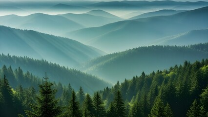 Obraz premium Paisaje de montaña matutino con nubes y panorama alpino. Niebla matutina, impresionantes paisajes naturales Imágenes conceptuales de viajes y turismo, imágenes de naturaleza refrescantes y relajante