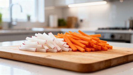 Freshly cut white radishes and orange carrots arranged on a wooden cutting board in a modern kitchen