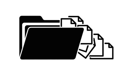 Black silhouette of an open file folder with numerous documents and papers overflowing from its contents, symbolizing data management or organization.