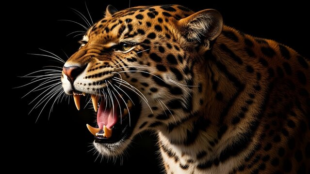 Primer plano de la boca de leopardo con fondo negro. Fondo de pantalla de vida silvestre 4k.