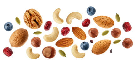 Dynamically scattered walnuts, cashews, almonds, hazelnuts, dried cranberries, and blueberries floating against a transparent studio background, vibrant healthy food advertising concept