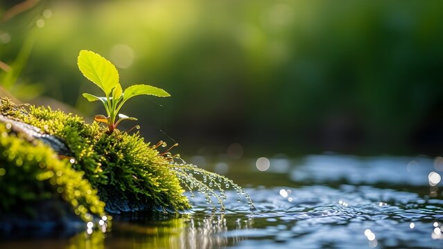 Hermoso manantial detallado cerca de un arroyo de agua dulce con plantas verdes j&oacute;venes.
 Banner horizontal, concepto de primavera.
 Fondo abstracto de naturaleza salvaje al aire libre.
 Tecnolog&iacute;a de