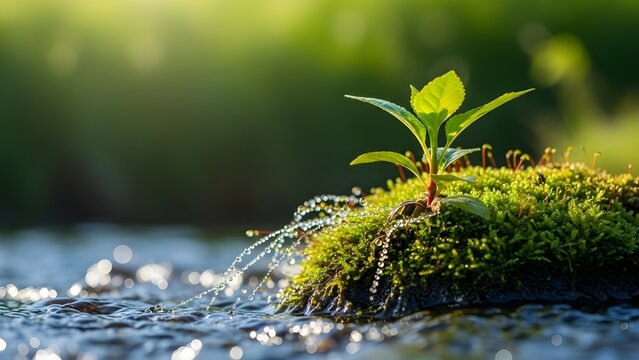 Hermoso manantial detallado cerca de un arroyo de agua dulce con plantas verdes j&oacute;venes.
 Banner horizontal, concepto de primavera.
 Fondo abstracto de naturaleza salvaje al aire libre.
 Tecnolog&iacute;a de