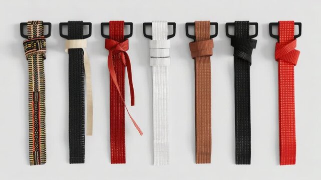 Video A collection of belts displayed neatly on a wall, great for use in fashion or interior design projects