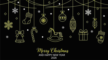 Elegant golden line art holiday ornaments and icons decorate a deep black background for Christmas greetings