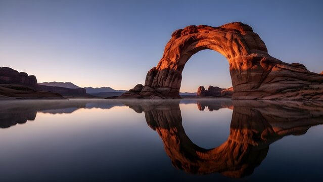 Renderizado 3d, paisaje futurista con acantilados y agua.
 Fondo abstracto m&iacute;nimo moderno.
 Papel tapiz zen espiritual con luz del atardecer o del amanecer