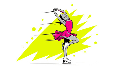 Elegant female figure skater striking a graceful pose mid-performance with vibrant costume accents on ice