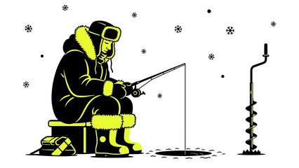 Focused angler patiently waits while ice fishing during a quiet, serene winter snowfall outdoors © Thamseer