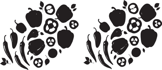 Vegetable silhouettes, pepper shapes, chili icons, spot the difference, black graphic, food puzzle, comparison image, sliced pepper, leaf detail, minimal style