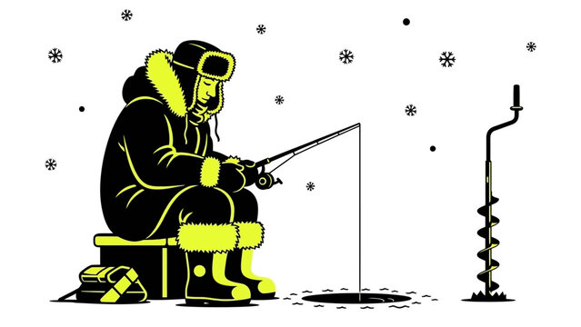 Focused angler patiently waits while ice fishing during a quiet, serene winter snowfall outdoors