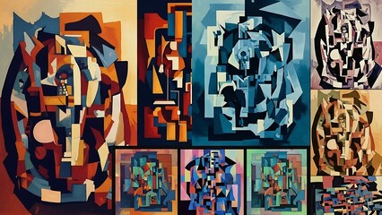 Obraz premium Abstract Cubist Composition with Geometric Shapes and Vibrant Colors in a Collage Layout