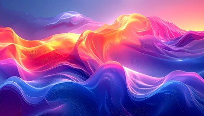 Abstract waves of translucent color blend from cool blues and purples to warm oranges and pinks in undulating layers