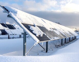 Snow-covered photovoltaic panels in a winter landscape under cloudy skies