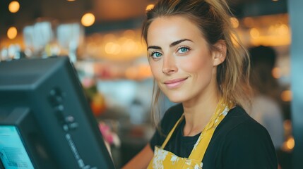 Woman is smiling at the camera while standing behind a cash register. She is wearing a black shirt and a yellow apron