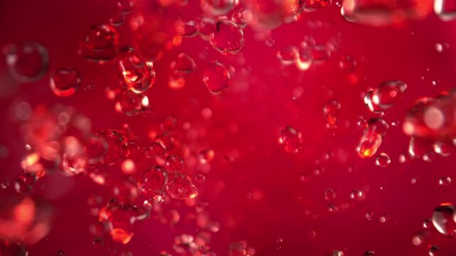 Super Slow Motion Shot of Flying Red Lemonade Liquid Drops at 1000fps.