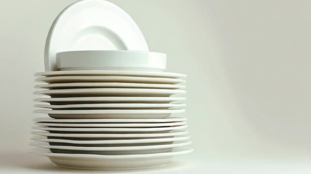 Video A stack of white plates on a table, ideal for food graphy or decorative purposes