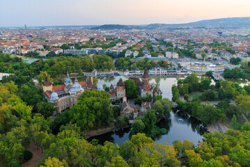 Budapest, Hungary. The Vajdahunyad Castle reflected on the lake. Located in the City Park.