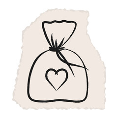 Love bag with heart shape, doodle, scrapbook. Cut-out element from old paper. Romantic Valentine's Day for collage decoration, sticker. Chalk lines, vintage craft paper. Vector.