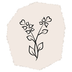 Flower with heart, doodle, scrapbook. Cut out element from old paper. Spring plant, summer nature, stem with lily of the valley bud and heart, sticker. Chalk lines, vintage craft paper. 