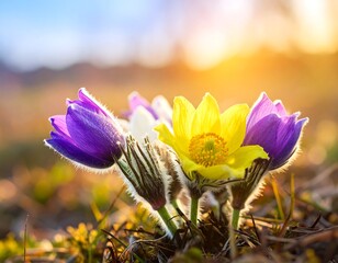 Springtime wildflowers, bathed in golden sunlight, blooming