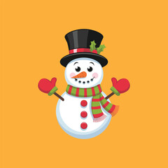 Cute Snowman in Top Hat and Mittens – Christmas Cartoon Illustration